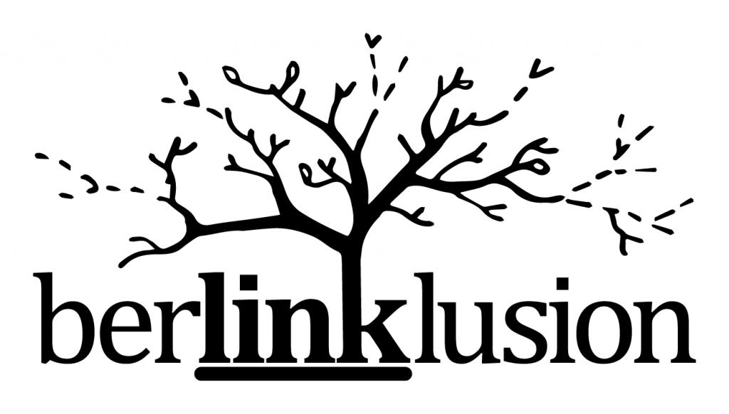 The Berlinklusion logo features the word berllinklusion written in lowercase black on a white background. The word "link" is underlined. The top of the letter "k" extends upwards and splits into tree branches that grow out above the rest of the word.