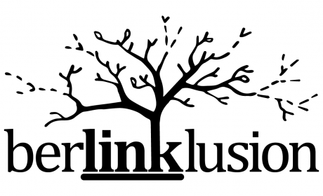 The Berlinklusion logo features the word berllinklusion written in lowercase black on a white background. The word "link" is underlined. The top of the letter "k" extends upwards and splits into tree branches that grow out above the rest of the word.